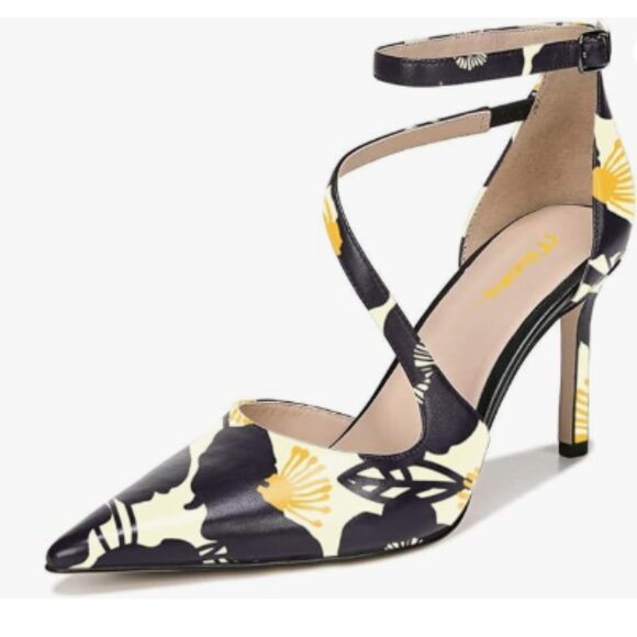 Milooey shoes Black and Yellow Floral Print Pointed Toe Strappy High Heels Pumps - Picture 1 of 8